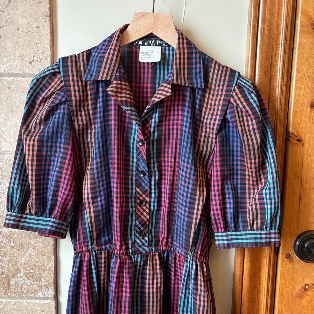 Vintage KC PETITES Plaid Button-Up Dress 👗 Colorful Small